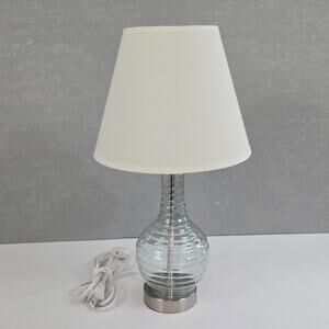 Coastal Ribbed Blue Tinted Glass Table Nightstand Lamp Chrome Base Linen Shade
